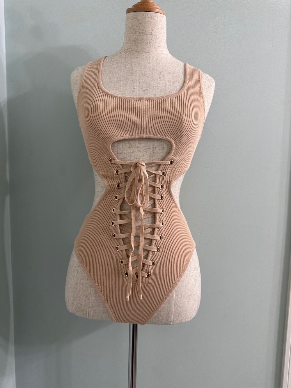 Y2K Beige Nude Ribbed Corset Tie Bodysuit S